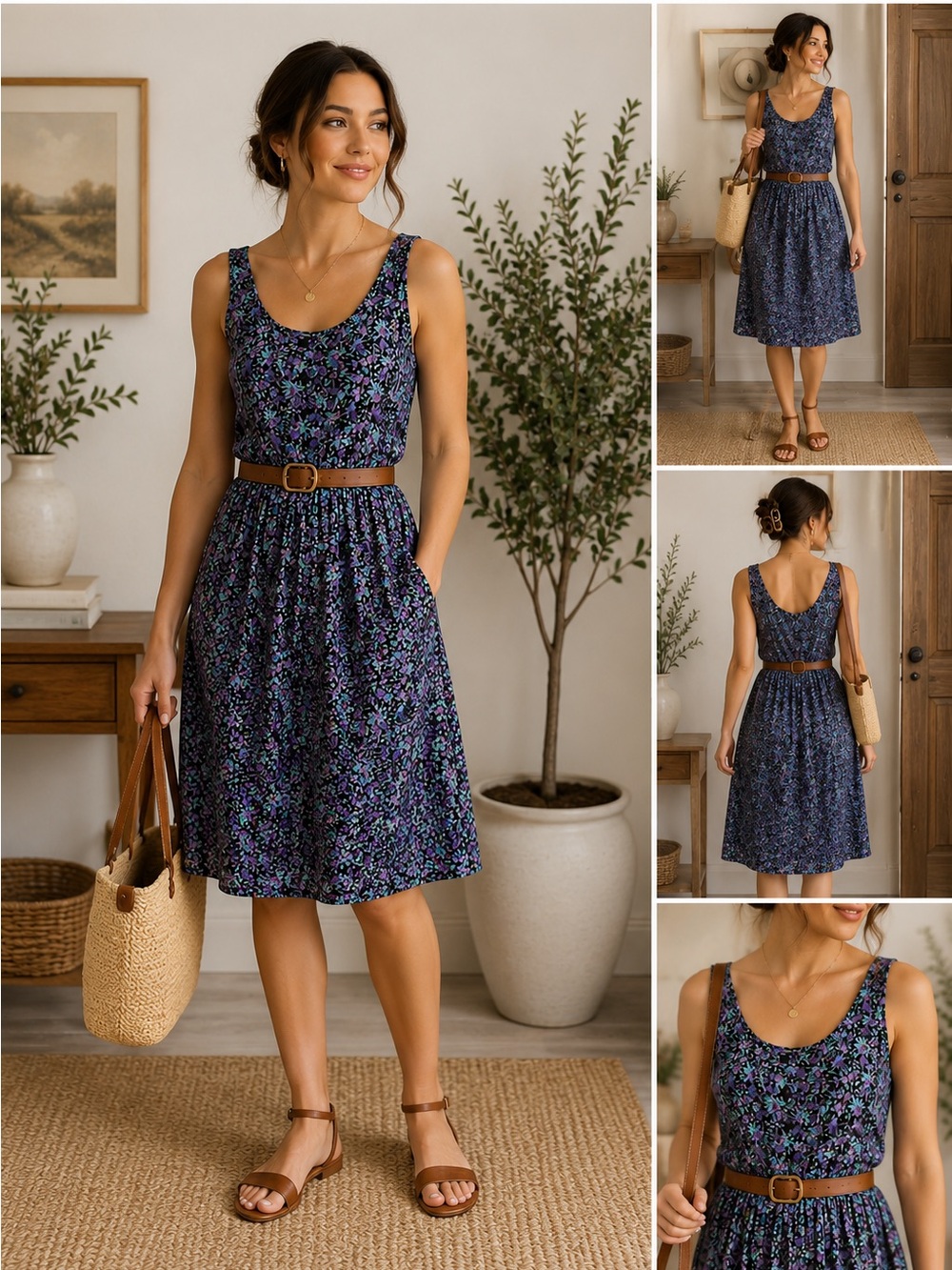 Vintage S. Roberts Floral Sleeveless Dress Black Purple Cottagecore Midi Dress